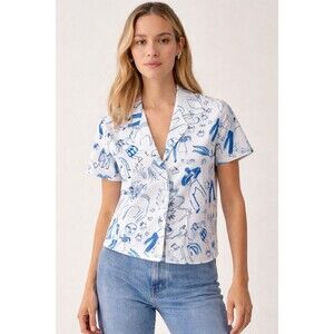 Reformation Drake  Button Down top Joey Yu Graphic White Blue Women’s XS Shirt